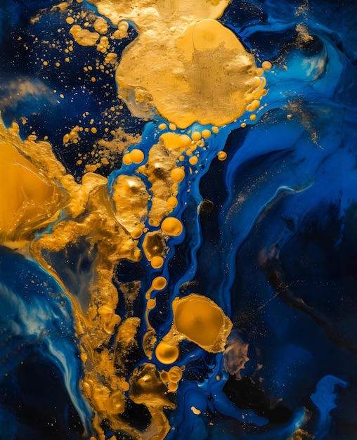 Abstract painting in blue and gold tones Marble texture