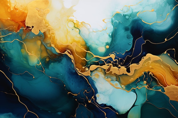 Abstract painting of a blue and yellow fluid painting with gold accents generative ai