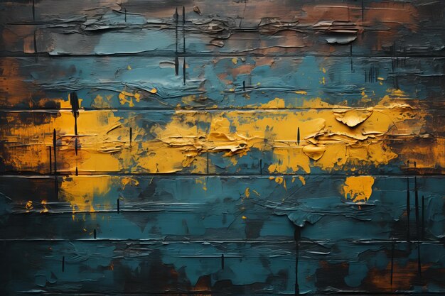 an abstract painting of blue and yellow paint on a wooden wall