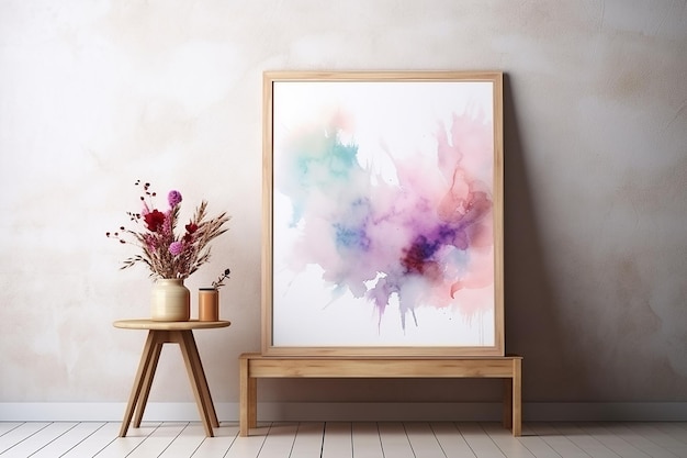 Abstract Painting on Canvas with Wooden Frame and Flower Decoration in Room