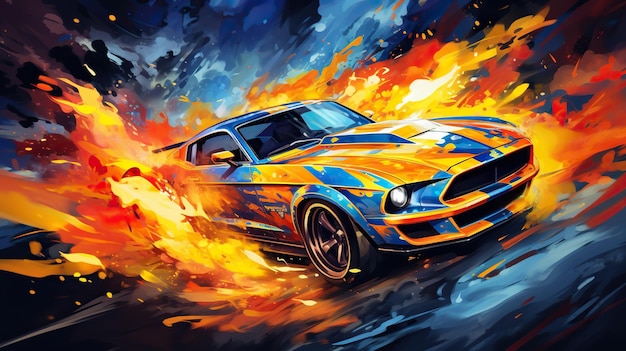 an abstract painting of a car driving through fire