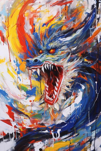 An abstract painting of a chinese dragon using bold expressive brush strokes