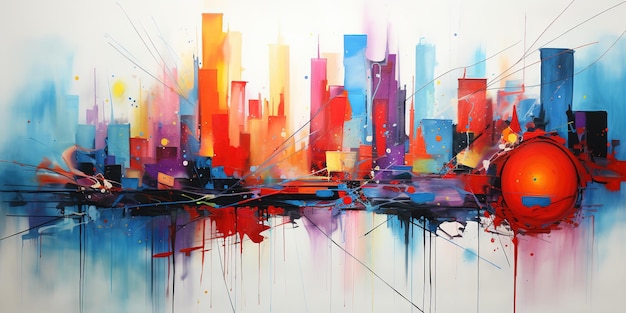 Abstract painting the city comes to life with a burst of vibrant colors and dynamic shapes