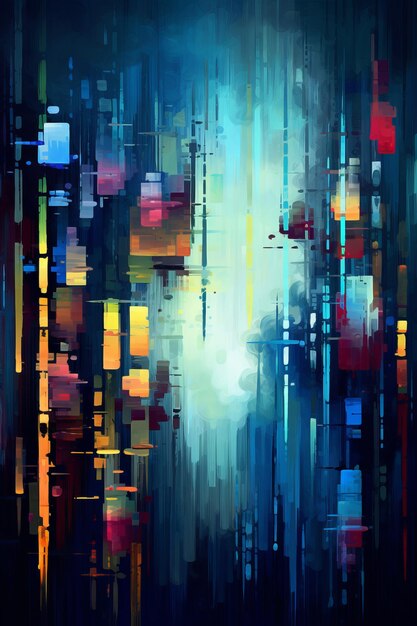 an abstract painting of a city with colorful lights