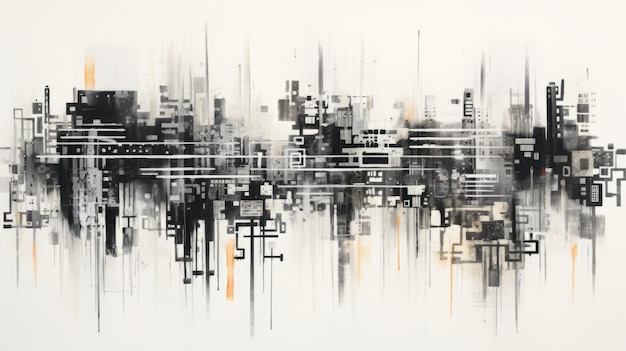 An abstract painting of a city with many buildings ai