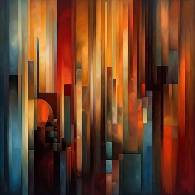 abstract painting of a city with a red and blue sky generative ai