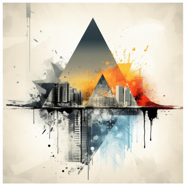 an abstract painting of a city with a triangle in the middle