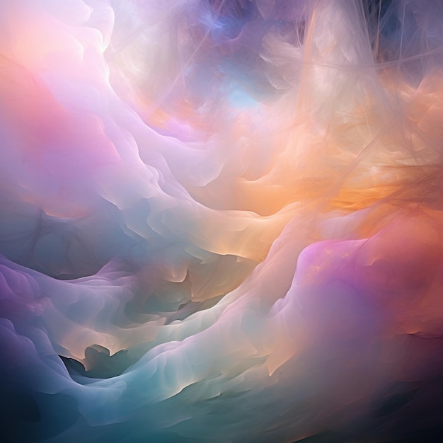 abstract painting of a colorful cloud filled sky with a single plane generative ai