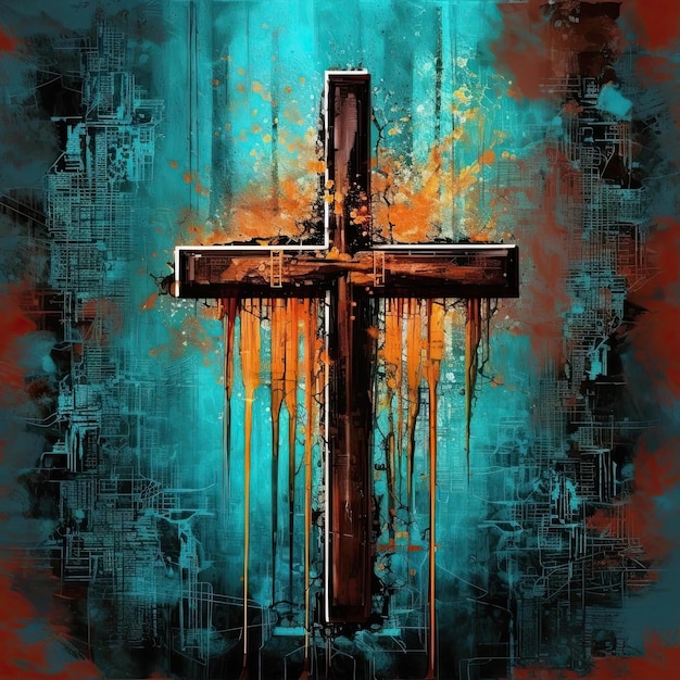 an abstract painting of a colorful cross on black wall