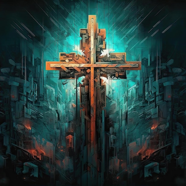 an abstract painting of a colorful cross on black wall