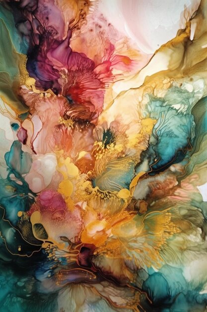 Abstract painting of colorful flowers and leaves on a white surface generative ai