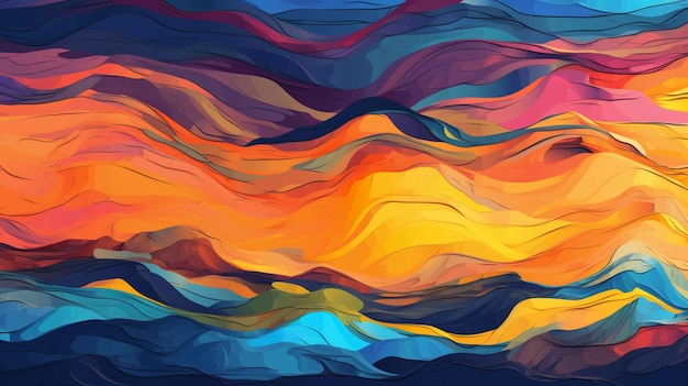 Abstract painting of a colorful sunset with waves and clouds AI Generative