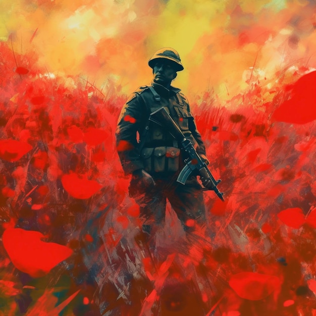 Abstract painting concept Colorful art style of a soldier in a red poppies field Anzac day