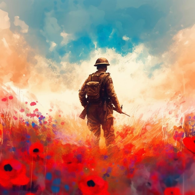 Abstract painting concept Colorful art style of a soldier in a red poppies field Anzac day