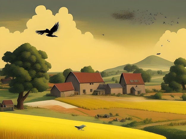 Photo abstract painting of countryside with golden farmlands view illustration concept