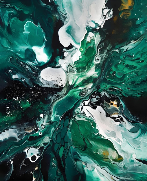 Abstract painting Dark emerald stains of paint on a white canvas