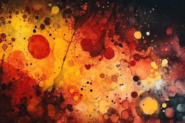 Abstract painting featuring circles in the colors of yellow red and black generative ai