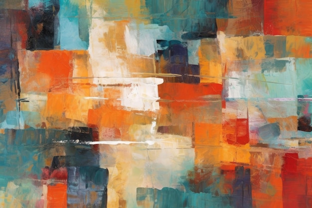 An abstract painting featuring squares in shades of orange and blue Generative AI