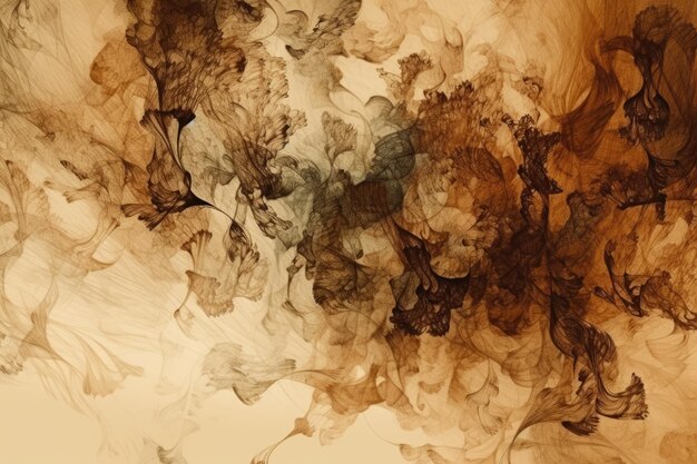 An abstract painting featuring swirling brown and black smoke