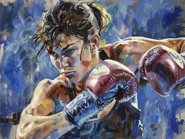 Abstract painting of a female boxer in action