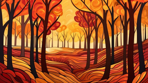 an abstract painting of a forest with orange trees