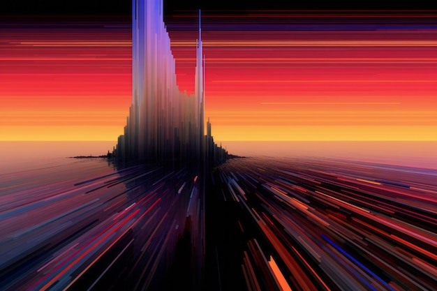 an abstract painting of a futuristic city at sunset