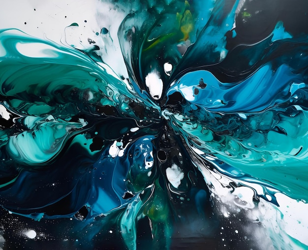 Abstract painting in green turquoise blue and black colors