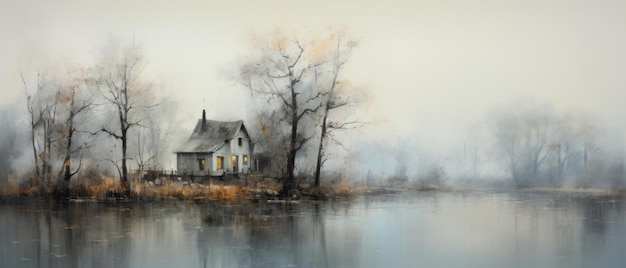 an abstract painting of a house in the fog bucolic scenes 25