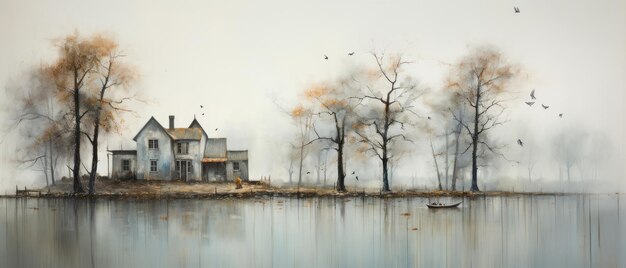 an abstract painting of a house in the fog bucolic scenes 73