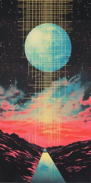 Abstract Painting Of Imaginary Planet With Neon Grids And Vintage Poster Style