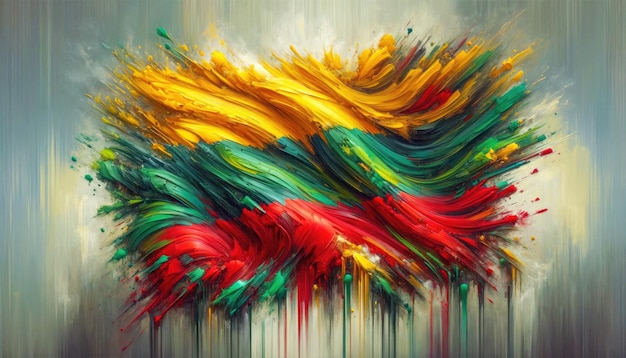 Abstract painting of Lithuanian flag showcasing an explosion of colors in dynamic brushstrokes