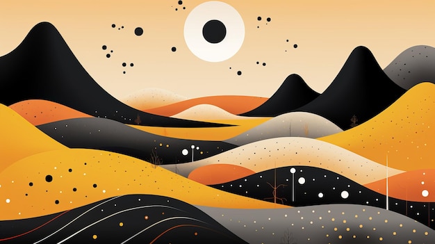 an abstract painting of a mountain range with a sun in the sky