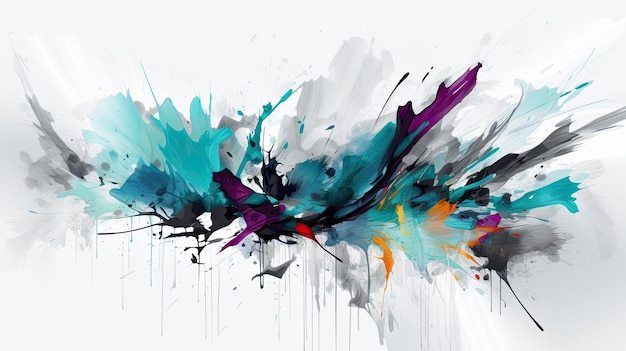 Abstract painting of multicolored paint splattered on a white background