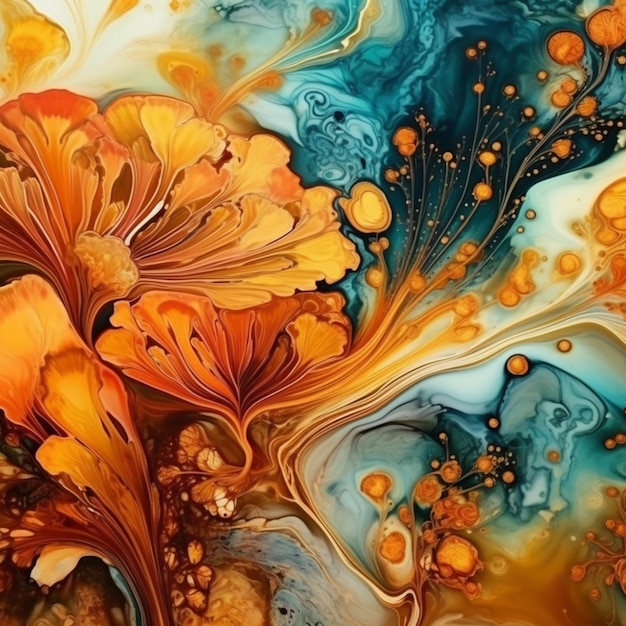 버블을 가진 오렌지색과 파란색 꽃의 추상적인 그림