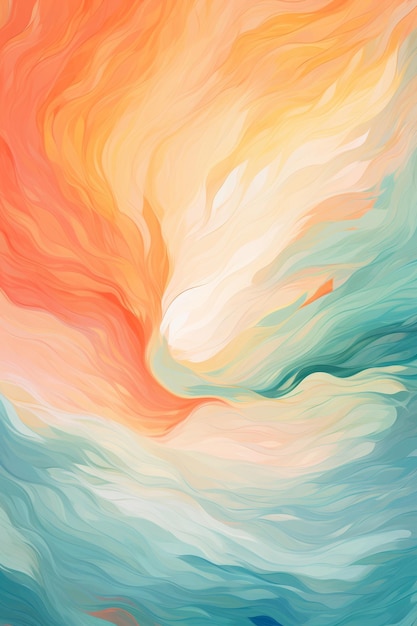 an abstract painting of an orange blue and white wave