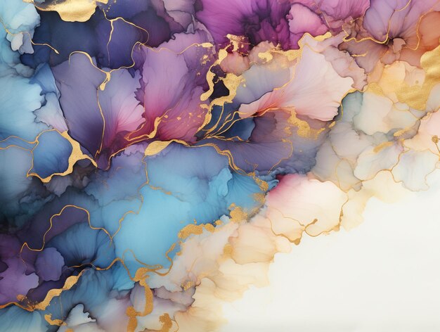 abstract painting of a purple and blue flower with gold accents generative ai