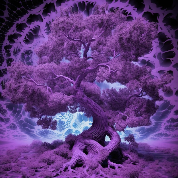 A abstract painting of a purple tree
