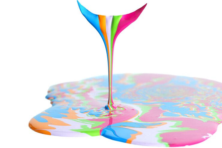 Photo abstract painting several streams of paint flowing down from above and mixing at the bottom