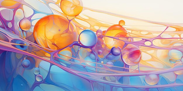 an abstract painting showing colorful bubbles and in the style of light orange and violet