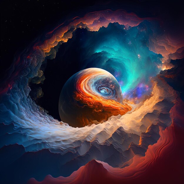 An abstract painting of a spiral with a blue and orange background.