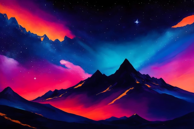 Абстрактная картина звездного ночного неба с силуэтом горного хребта, созданного Ай