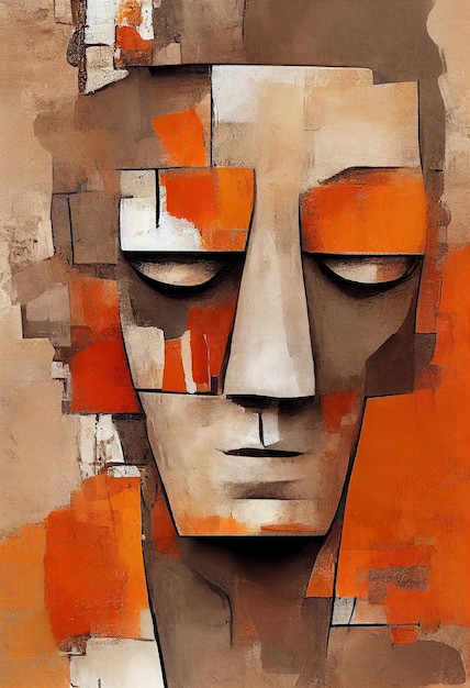 Abstract Painting of Stone Face Native People, Ethnic Oil Painting