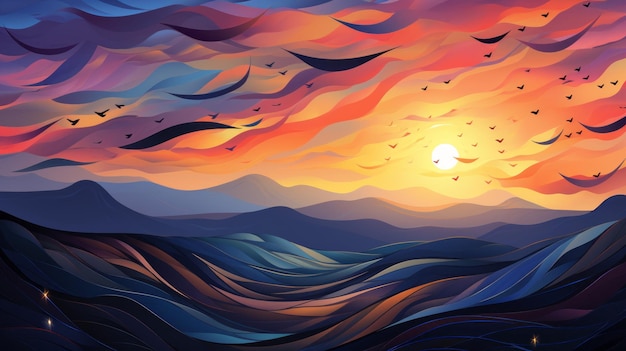 an abstract painting of a sunset with birds flying over it