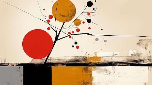 an abstract painting of a tree with red yellow and black circles