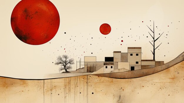 an abstract painting of a village with red balls in the sky