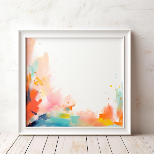 An abstract painting in a white frame on a wall