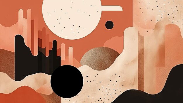 an abstract painting with black and orange shapes