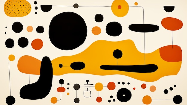 an abstract painting with black orange and yellow shapes