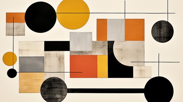 an abstract painting with black orange yellow and white shapes