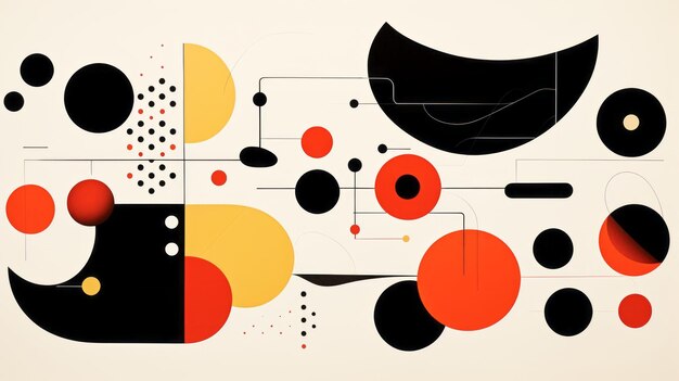 an abstract painting with black red and yellow circles